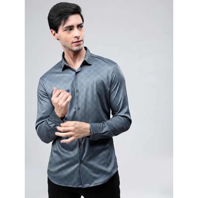 Highlander Men's Printed Knitted Party Wear Casual Shirt - Blue | M
