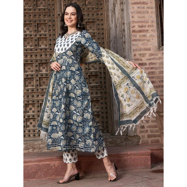 Bandia Women's Floral Printed Anarkali Kurta Trouser Set with Dupatta | BANKS0001 | Blue | XL