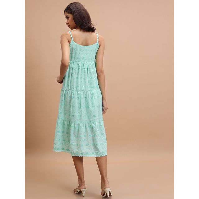 Ketch Women Floral Embroidered Tiered Gathered A-Line Midi Dress | Green | M