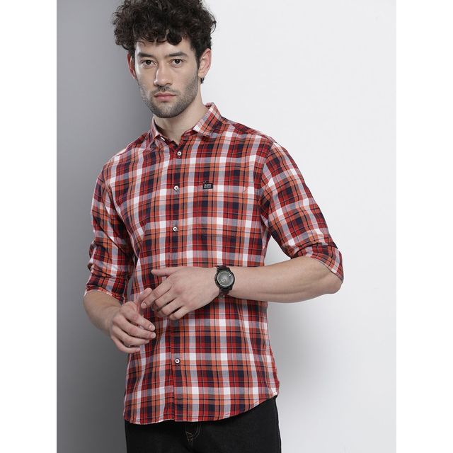 The Indian Garage Co Men's Slim Fit Checkered Casual Shirt | Red - M