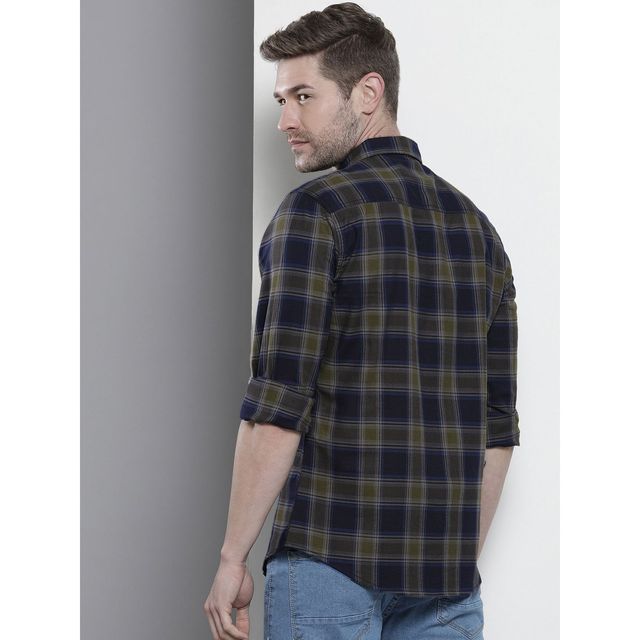 The Indian Garage Co Men's Slim Fit Checkered Casual Shirt | Navy Blue - M