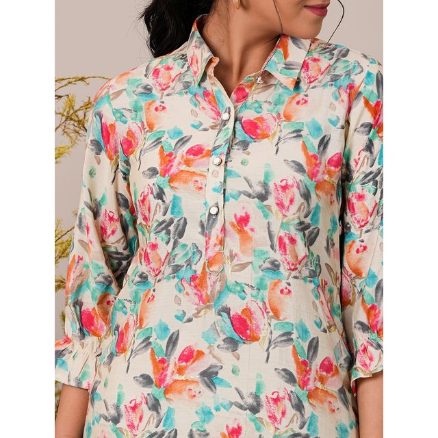 Libas Women's Printed Silk Blend Pathani Kurti | 37083 37083 | Cream - L