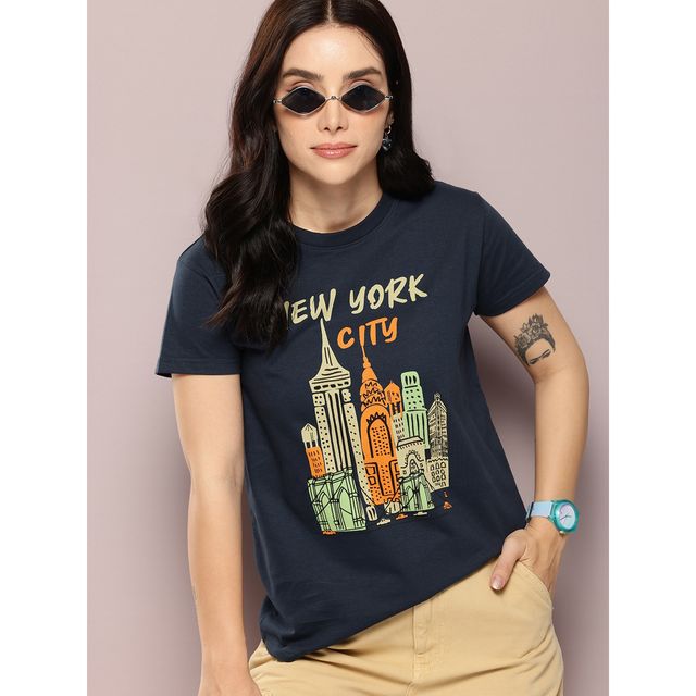 Dillinger Women's Regular Fit Printed T-shirt | WMNCR572NVY | Navy Blue - M