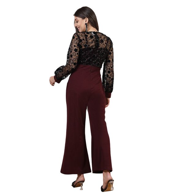 Athena Women's Floral Self Design Embellished Basic Jumpsuit | Maroon and Black - S