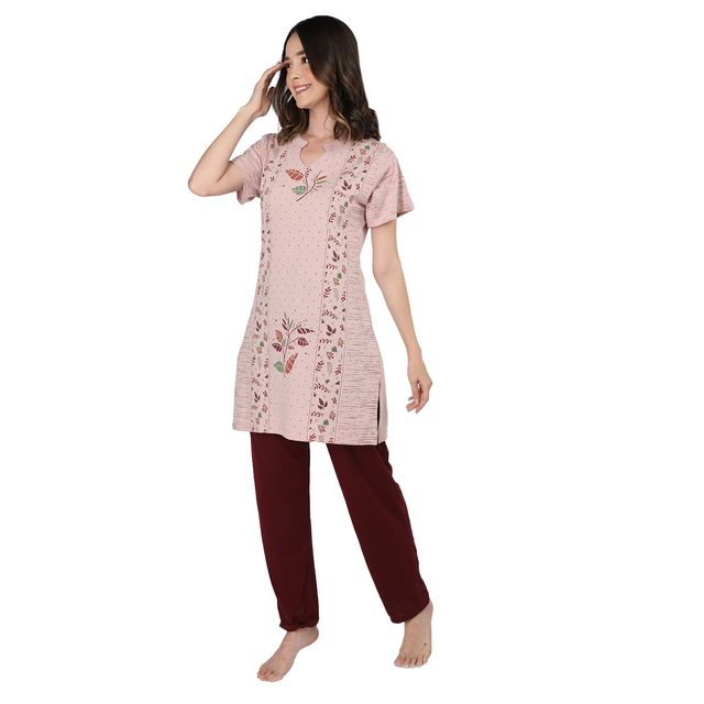 Duchess Women Cotton Regular Fit Printed Embroided Long Length Night Suit Set | Mouse-Maroon | 2XL