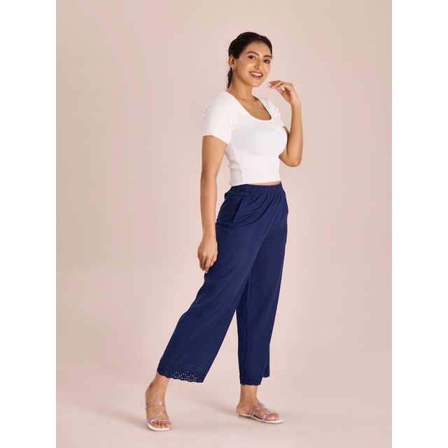 Go Colors Women's Solid Mid Rise Linen Wide Pant | LPZ8 | Navy - L
