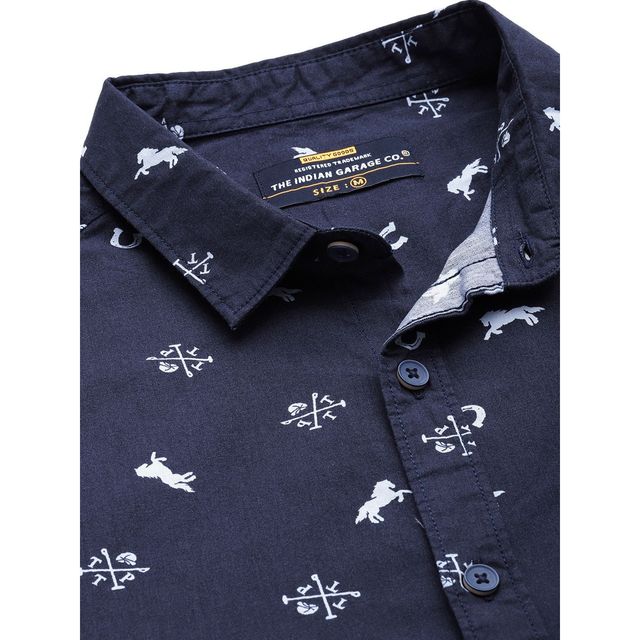 The Indian Garage Co Men's Regular Fit Animal Print Casual Shirt | Navy Blue - M