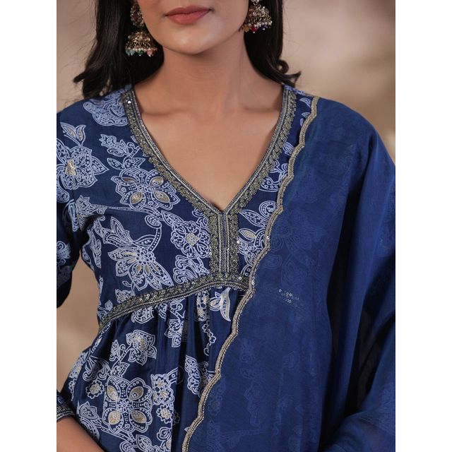 Ishin Women Straight Ethnic Poly Silk Kurta Set | INWSDAW231152 | Navy - M