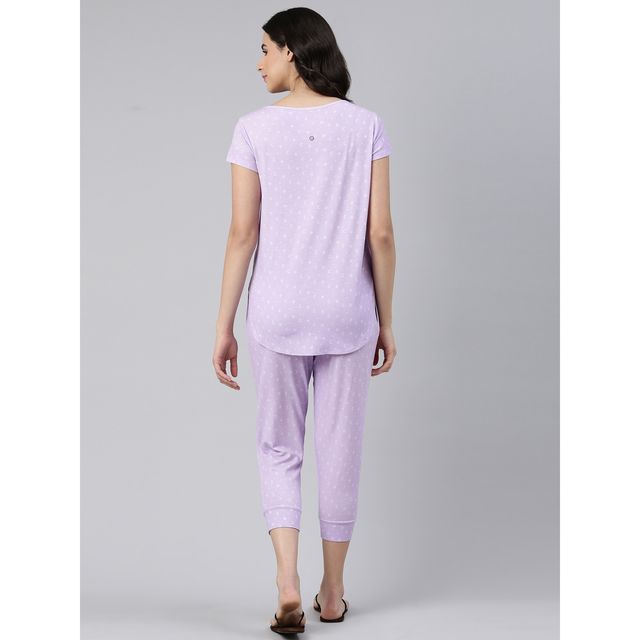 Enamor Essentials EC16 Women s Aop-Soft & Drapey All Over Printed Lounge Capri Set | Lavendar | S