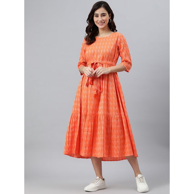 Janasya Women s Orange Pure Cotton Woven Design Tiered Western Dress - JNE3870-DR - S