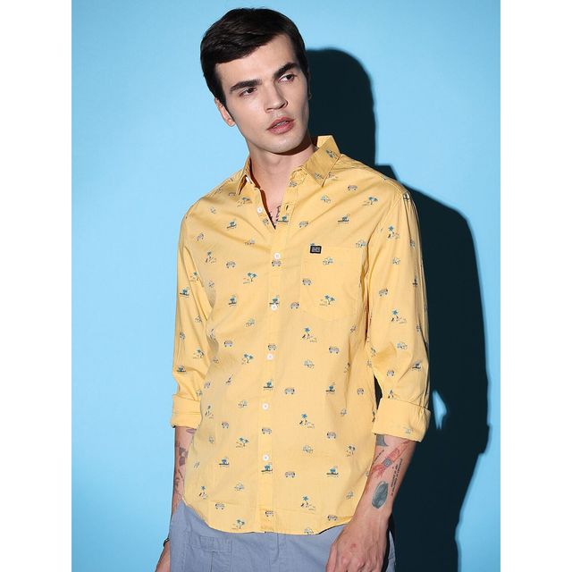The Indian Garage Co Men's Slim Fit Cartoon Casual Shirt | Yellow - S