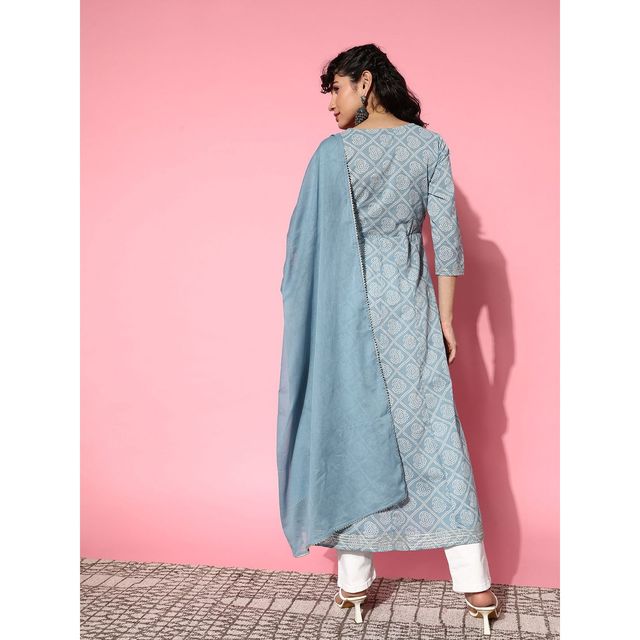 Ishin Women Embroidered Anarkali Kurta | INWKTS039 | Cotton Sky Blue - S
