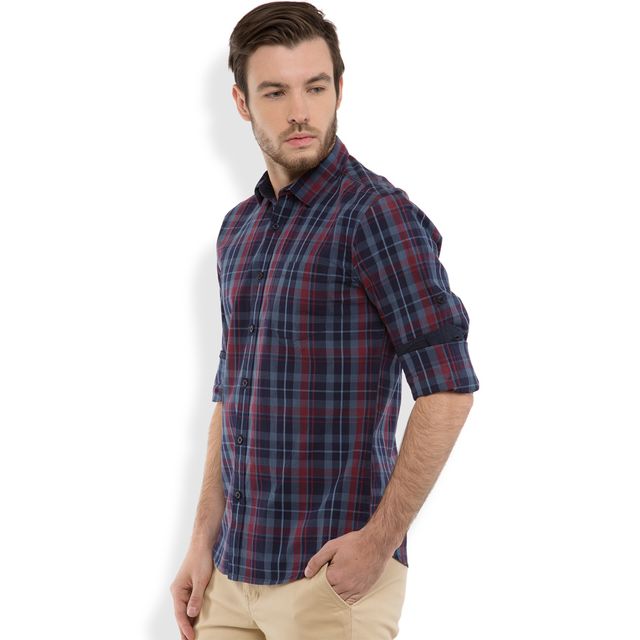 Highlander Men's Slim Fit Checked Casual Shirt - Navy Blue and Lt Blue | XL