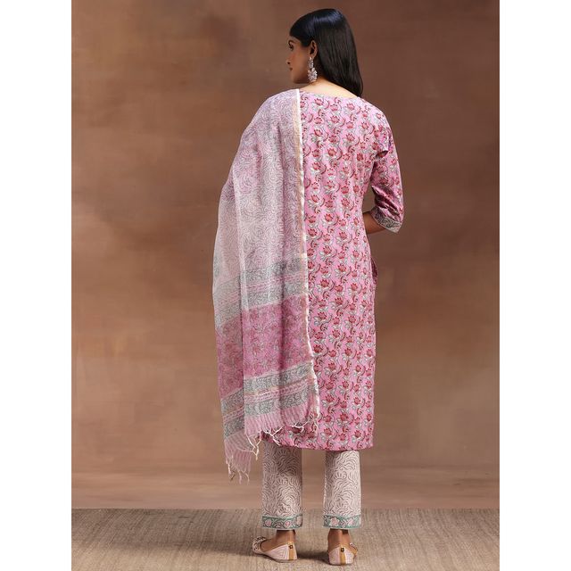 Libas Women's Pink Printed Cotton Straight Suit With Dupatta | S