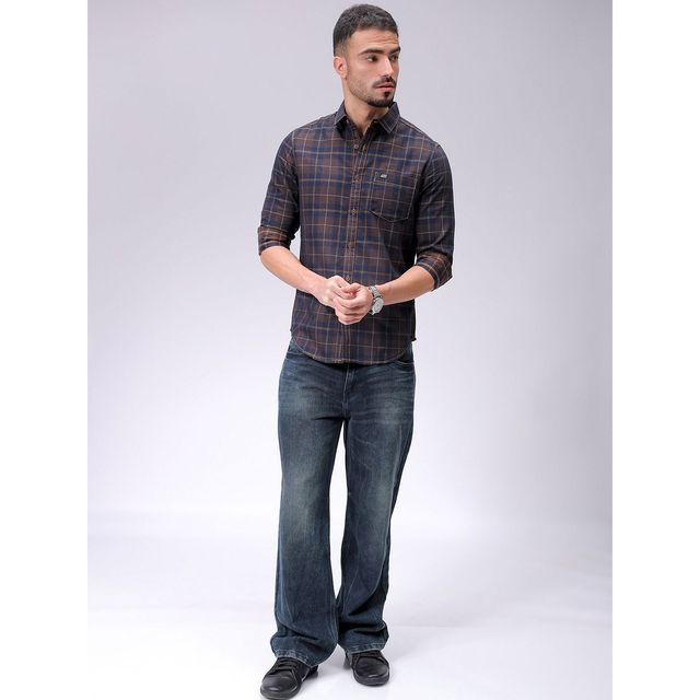 The Indian Garage Co Men's Slim Fit Checkered Casual Shirt | Brown - L