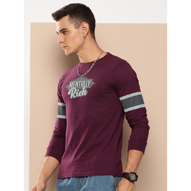 Difference of Opinion Men Long Sleeve Colourblocked Printed T-shirt - Burgundy | Pure Cotton | L