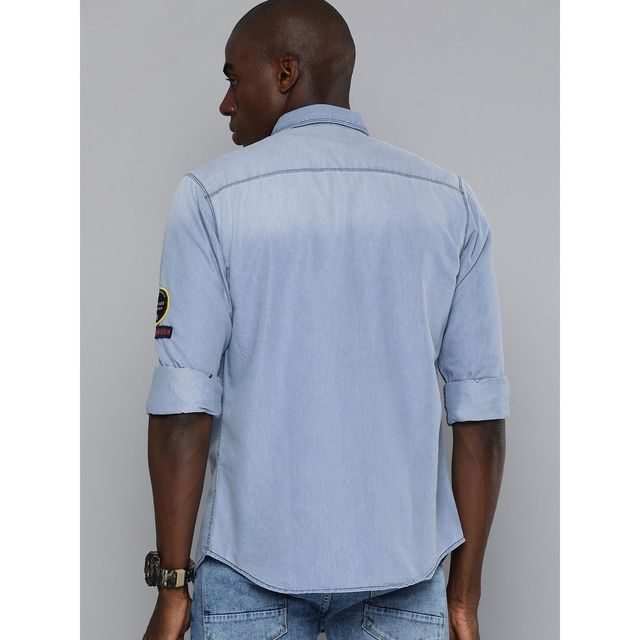 The Indian Garage Co Men's Slim Fit Solid Casual Denim Shirt | Blue - S