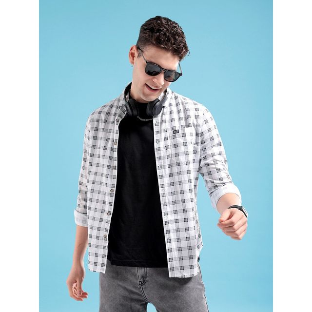 The Indian Garage Co Men's Slim Fit Checkered Casual Shirt | White - XL