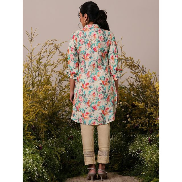 Libas Women's Printed Silk Blend Pathani Kurti | 37083 37083 | Cream - L
