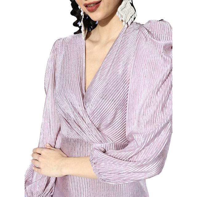 Athena Lavender Solid Accordion Pleats Wrap Dress Lavender L