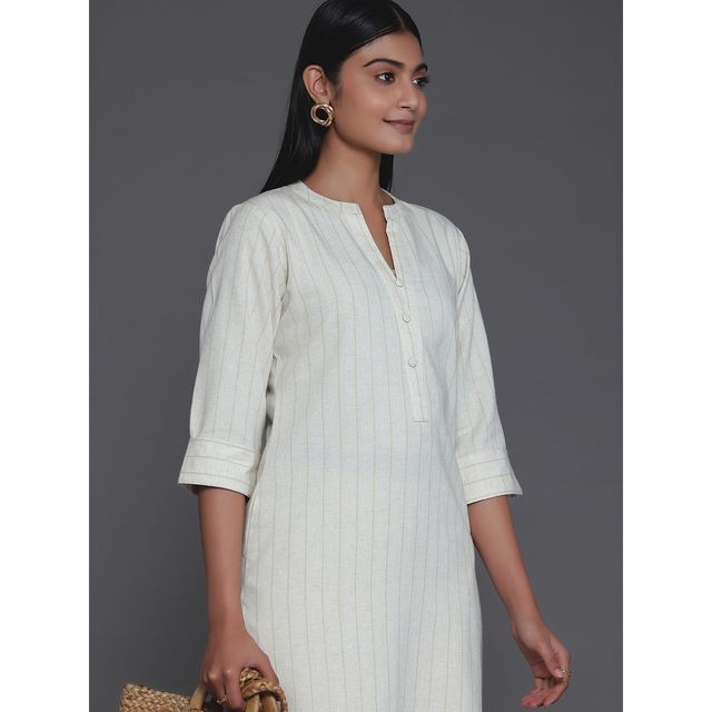 Libas Women's Cream Striped Cotton Straight Kurta | 26803 - S