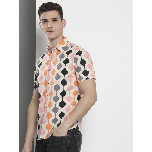 The Indian Garage Co Men's Regular Fit Abstract Print Casual Half Sleeve Shirt | Cream - M
