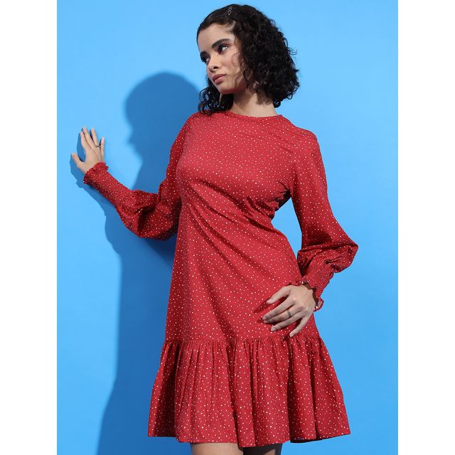 Ketch Women's Printed Smocked Bishop Sleeve Drop Dress | Red - M