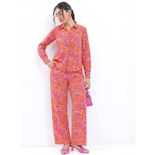Ketch Women Floral Printed Shirt With Trousers Co-ords | Purple | L