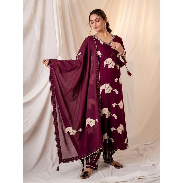 Ishin Women Cotton Kurta Set with Dupatta | INWSDS24232 | Wine - S