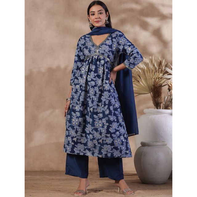 Ishin Women Straight Ethnic Poly Silk Kurta Set | INWSDAW231152 | Navy - M
