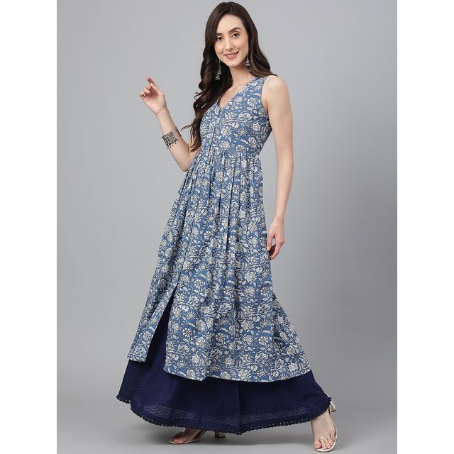 Janasya Women s Blue Pure Cotton Floral Print Flared Kurta - JNE4031-KR - M
