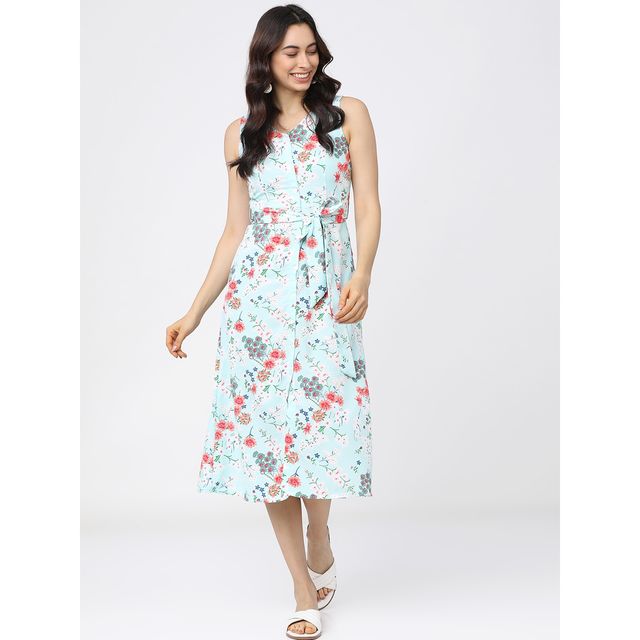 Tokyo Talkies Women's Floral Printed A-Line Midi Dress With Belt | Blue - XL