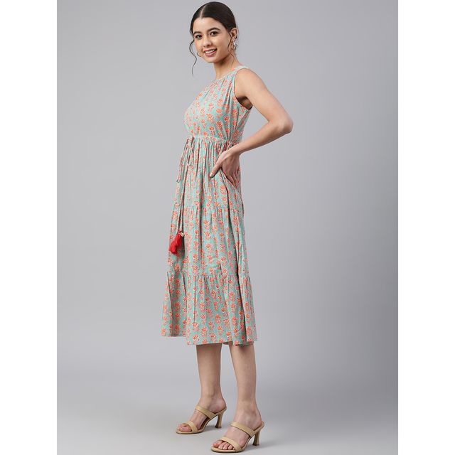 Janasya Women s Mint Green Pure Cotton Floral Block Print Tiered Western Dress - JNE3961-DR - M