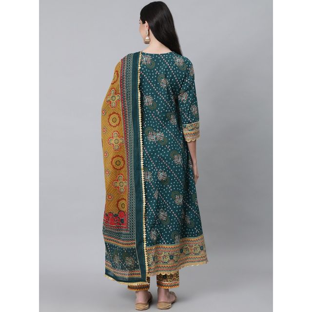 Anubhutee Women's Ethnic Motifs Printed Cotton Kurta with Trousers & Dupatta | Teal - L