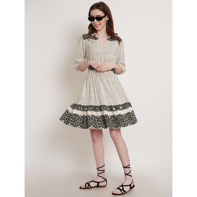 Wyshlist Women's Dress Flared Hem Geometric Print With Puff Sleeves | Off White - XL