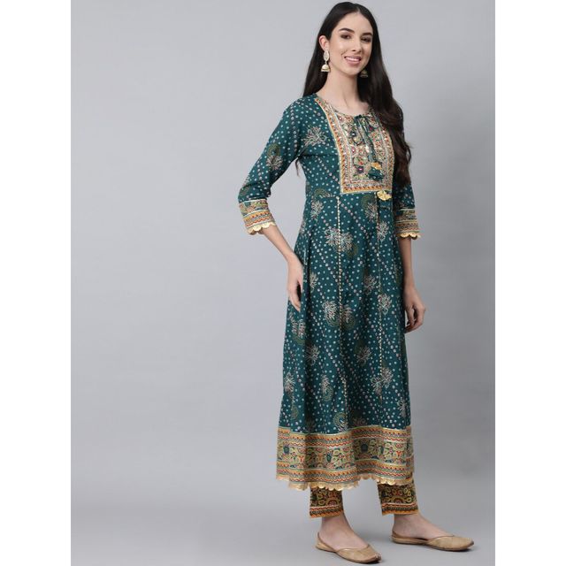 Anubhutee Women's Ethnic Motifs Printed Cotton Kurta with Trousers & Dupatta | Teal - L