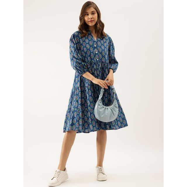 Divena Paisley Printed Cotton Dress for Women | DK1043 | Blue - S