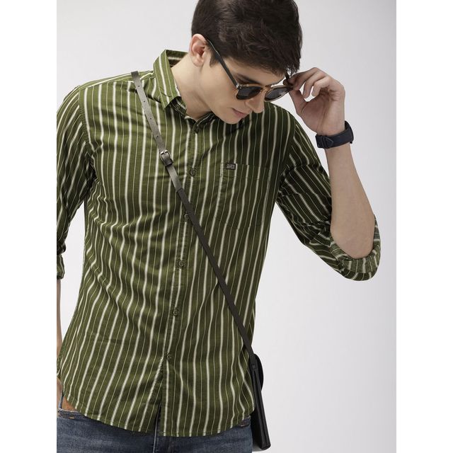 The Indian Garage Co Men's Slim Fit Multi Stripes Casual Shirt | Olive - 2XL