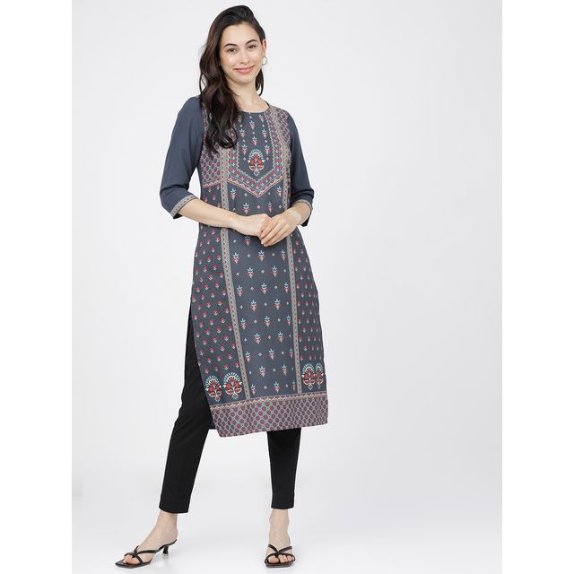 Ketch Women's Grey Ethnic Motifs Printed Kurta | Xl