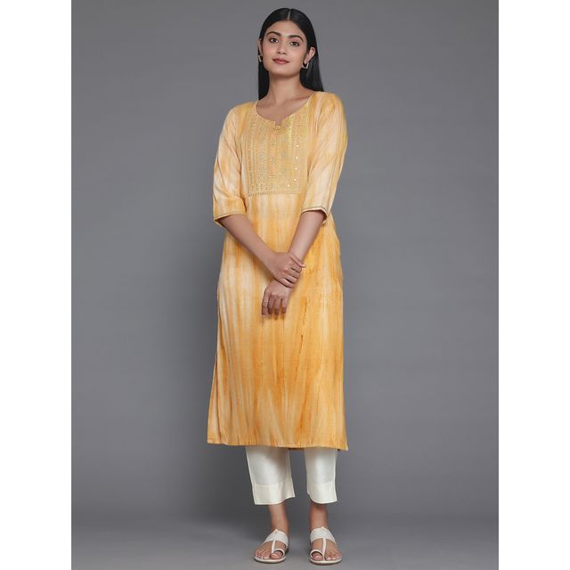 Libas Women's Yellow Yoke Design Cotton Straight Kurta | M