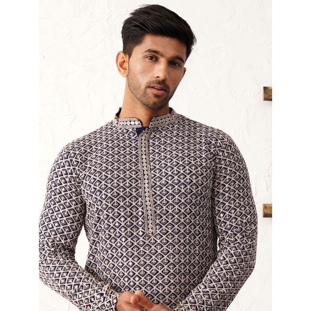 Jompers Sequin Embroidered Pure Cotton Kurtas | KO 5005 Navy | M