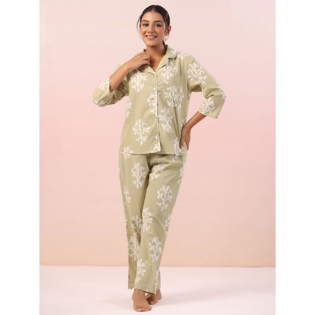 Sanskrutihomes Women Pure Cotton Green Printed Night Suit SE-NSP-522 | XL