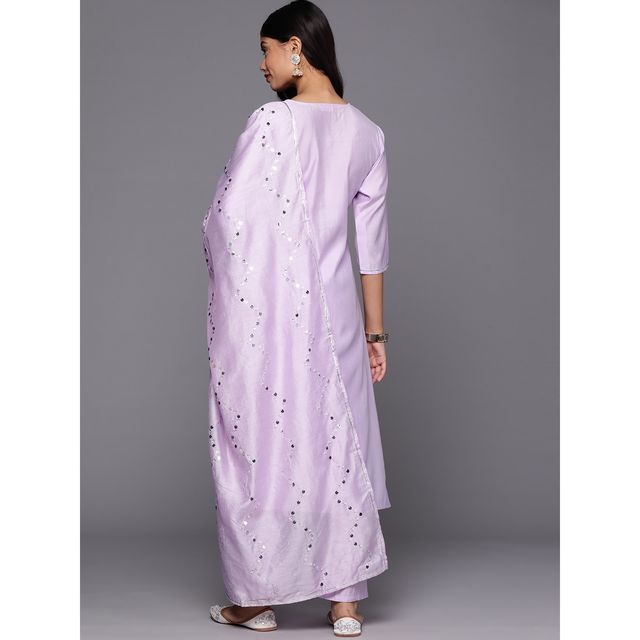 Libas Women's Lavender Yoke Design Silk Blend Straight Suit With Dupatta | XL