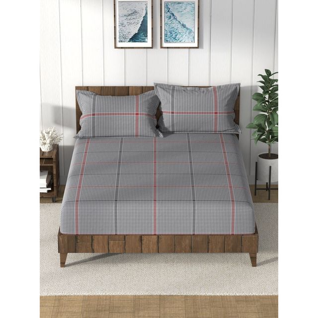 Nautica Super Soft 100% Cotton King Bedsheet and 2 Pillow Covers | Set of 3 | Checks Steelgrey