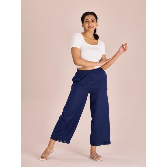 Go Colors Women's Solid Mid Rise Linen Wide Pant | LPZ8 | Navy - L