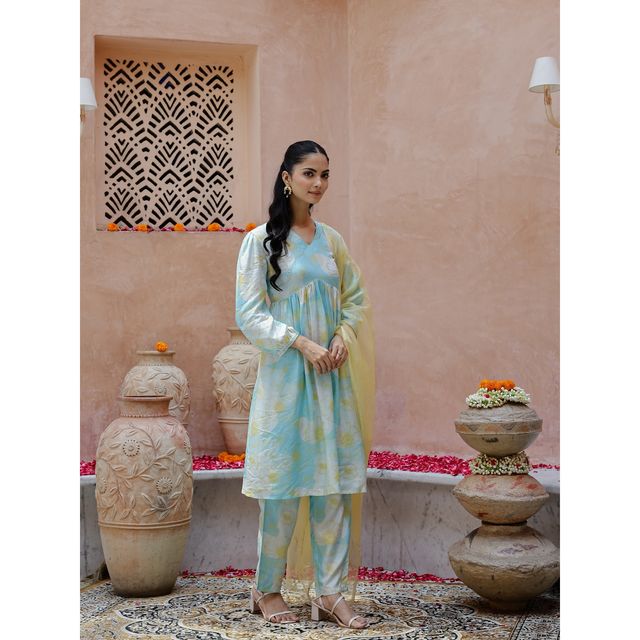 Rangdeep Floral Printed Thread Work Anarkali Kurta With Trousers & Dupatta | Women | Blue | M
