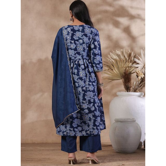 Ishin Women Straight Ethnic Poly Silk Kurta Set | INWSDAW231152 | Navy - M