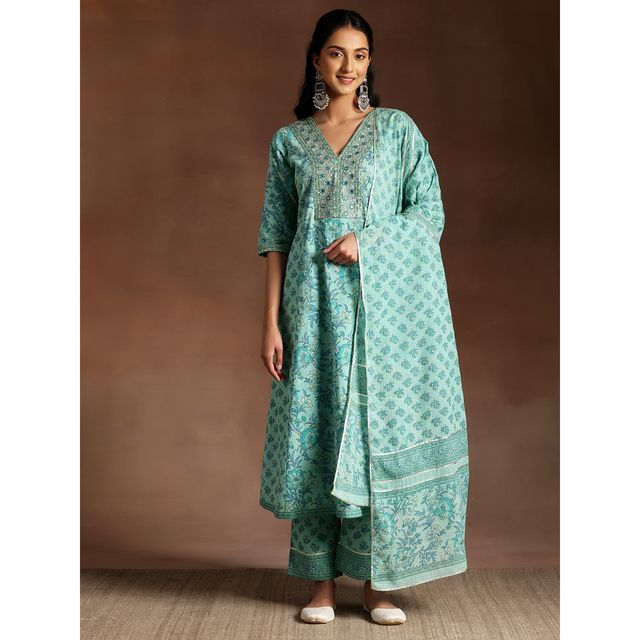 Libas Women's Turquoise Printed Cotton A-Line Kurta With Palazzos & Dupatta | S