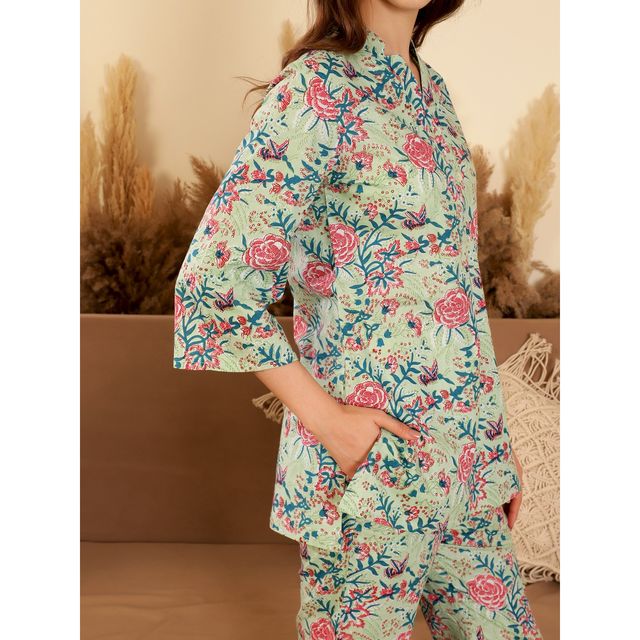 Sanskrutihomes Women Green Printed Pyjamas and Kurti Night Suit SE-NSP-641 | L