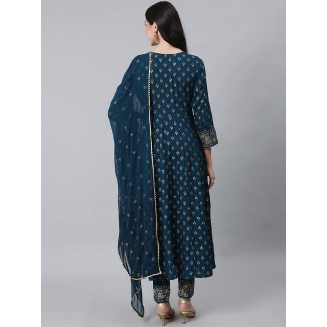 Anubhutee Women's Ethnic Motifs Embroidered Work Kurta with Trousers and Dupatta | Navy Blue - S